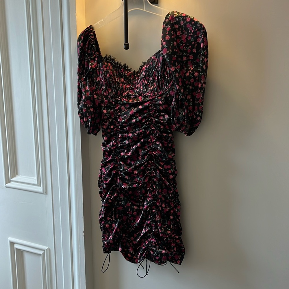 For Love & Lemons Melrose Satin Black and Pink Ruche Mini Puff sleeve dress